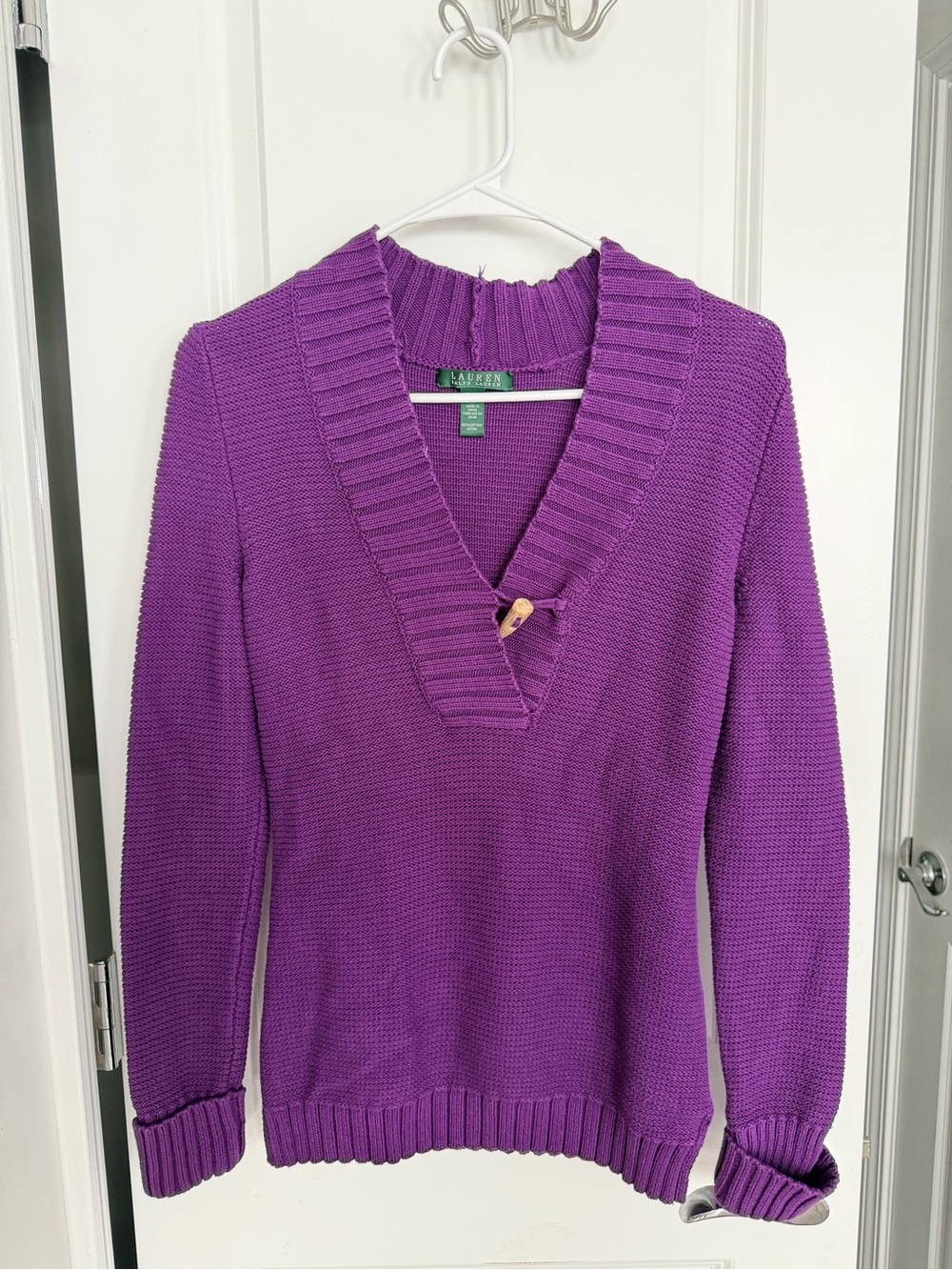 Lauren Ralph Lauren Bright Purple V-Neck Toggle Sweater